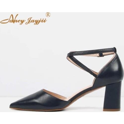 D'Orsay Two-Piece Cross Strap Block Heels Woman Pumps Pointy Toe Shoes Mature Classic Office Lady Autumn 2019 New Arrivals Vegan