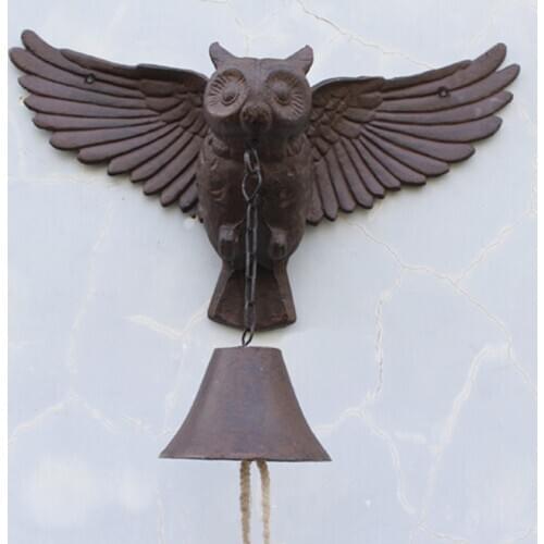 Vintage Rustic Cast Iron Large Owl Wall Bell Farm House Style Handmade Retro Hand Cranking Wall Mounted Metal Welcome Door Bell