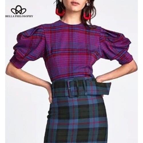 Bella Philosophy spring women half puff sleeve blouse casual plaid female fashion short blusas O Neck ladies fold shirt