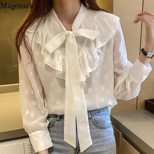 Ruffled Bow Tie Womens Chiffon Shirt 2021 Autumn White Long Sleeve Solid Blouse Ladies Loose Blouse Blusas Mujer De Moda 15784