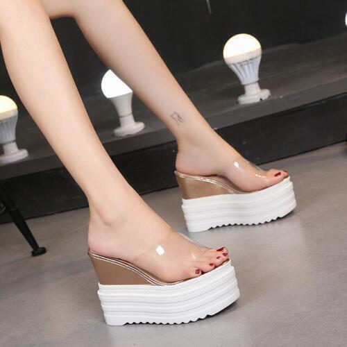 2019 HOT Summer Slippers Women Shoes Transparent Platform Wedge Outdoor Thick Sole High Heels 12CM Mules Slides Sweet Beach Shoe