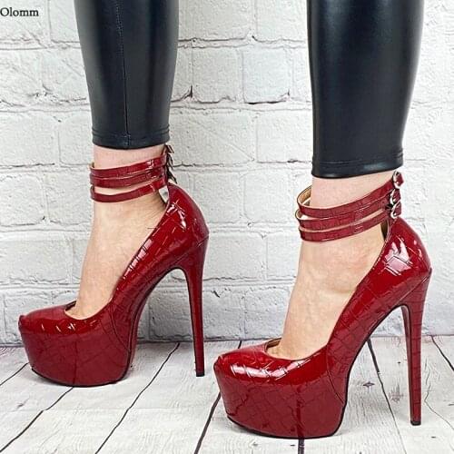 Olomm New Fashion Women Spring Pumps Stone Pattern Ankle Strap Stiletto Heels Round Toe Wine Red Dress Shoes Plus US Size 5-20