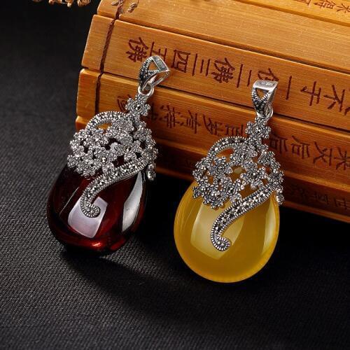 Vintage Retro 100% Real 925 Sterling Silver Vintage Pendant, Handmade Natural Canary Stone Necklace Pendant For Women