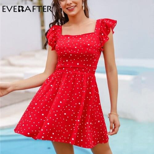 EVERAFTER Bohemian polka dot women dress ruffle high waist sexy backless lace up short sundress Summer holiday female mini dress