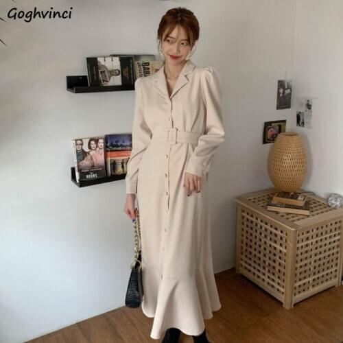 Women Long Sleeve Dress Single Breasted Ankle-length Turn-down Collar Apricot Korean Style Chic Slim Trendy Ins Casual Elegant