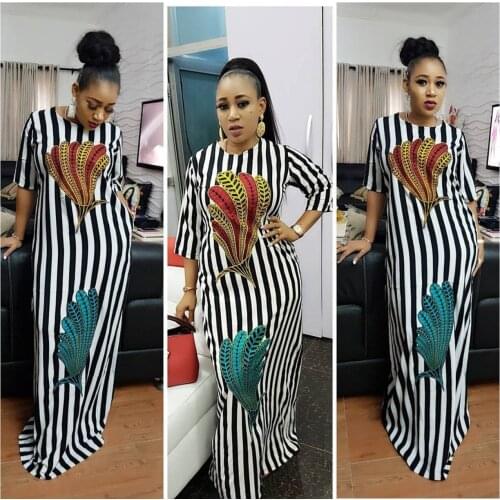 M-2XL women black white striped flroral print dress lady casual leisure maxi dress long sleeve summer loose dress plus size