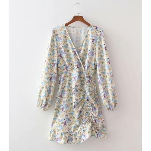 New Women Vintage Floral Printed Drawstring Dress Vogue V-neck Long Sleeves Chic Lady Casual Short Dresses Woman Robe