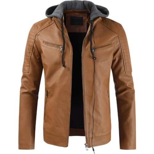 Winter faux leather fleece biker jacket removable hood with earphone mens plus sizes thick long sleeve black jacket casual coats