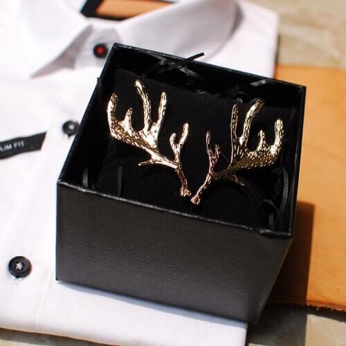 As a gift fashion handmade Retro golden Horns of Elk design Creative brooch Collar button for party wedding box packing 1pair