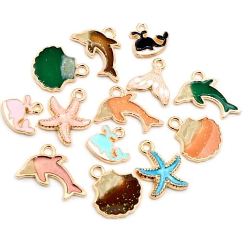 10pcs Enamel Cute Charms Pendant for Jewelry Making Supplies Starfish Dolphin Shell Ocean Animal Alloy Metal Drop Oil Findings