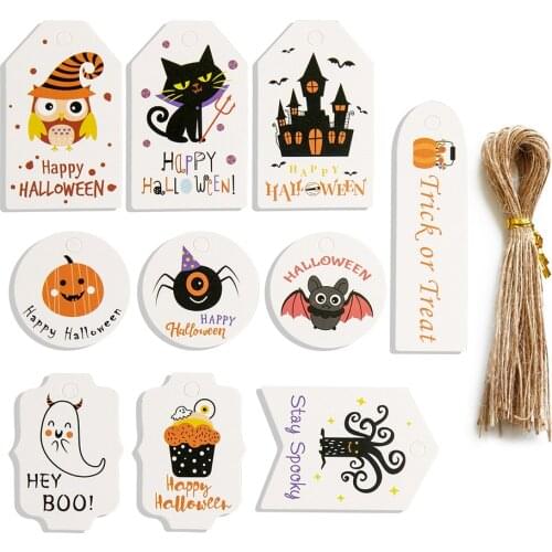 50PCS/PACK Halloween Kraft Paper Tags With Rope Pumpkin Ghost Bat Crafts Hanging Labels Kids Gift Wrapping Party DIY Supplies