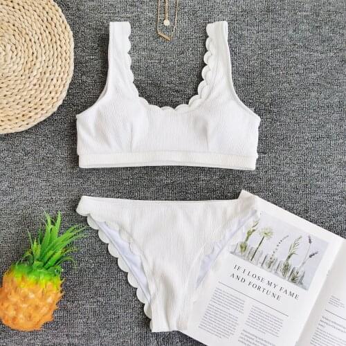 Push Up Bikinis 2021 Swimsuits Black Swimwear Women Scalloped Bathing Suit Women Solid Ribbed Biquini Bikini Set Bathers