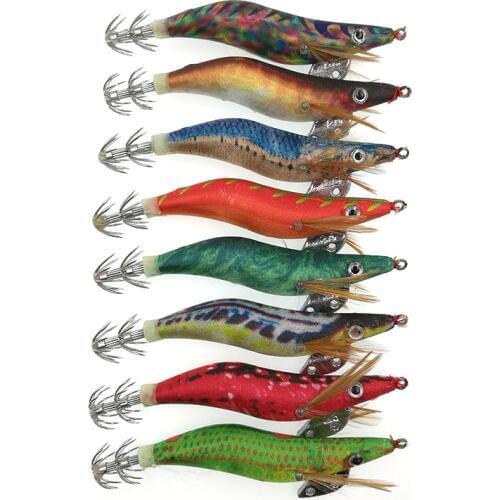 Big Sale 8pcs New Shrimp Fishing Lures Squid Jigs Artificial Wooden Shrimp Noctilucent Cloth Squid Lures For Octopus 10cm 11g