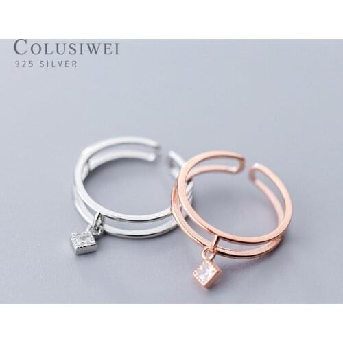 COLUSIWEI Authentic 925 Serling Silver Geometric Rhombus Double Layer Ring for Women Open Adjustable Shining Zircon Ring Jewelry