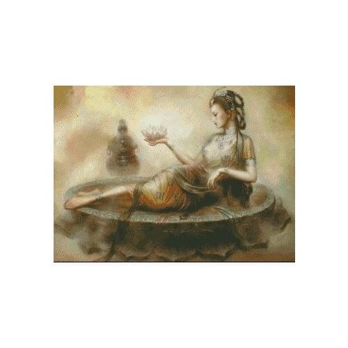 Dunhuang Goddess Hand Dragging Lotus Quality Embroidery Needlework 14CT Unprinted Cross Stitch Kits DIY Handmade Home Decor