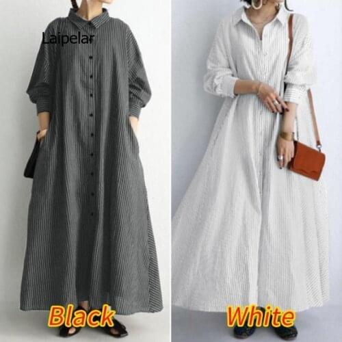 Elegant Lapel Robe Womens Autumn Sundress 2021 Casual Long Sleeve Vestidos Female Striped Shirt Dress Plus Size 5XL