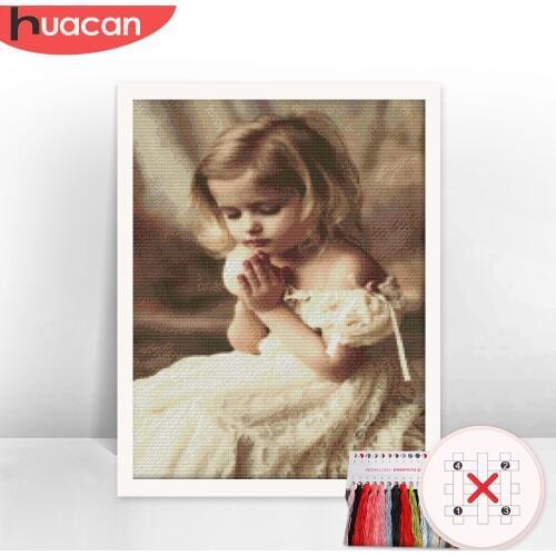 HUACAN Embroidery Cross Stitch Girl Sets Kits White Canvas Home Decoration Angel Patterns Needlework 11CT 14CT DIY Gift