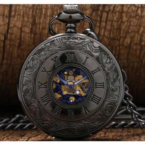 10pcs/lot Antique Steampunk Black Classical Skeleton Mechanical Pocket Watch Blue Roman Dial Men Watches Gift Collection