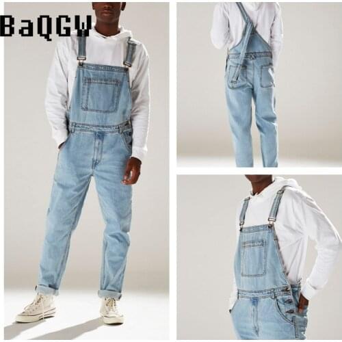 Summer New Denim Overall for Men Pocket High Street Hip Hop Overalls High Waist Full Length Trousers Jeans Jumpsuit Plus Size