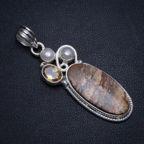 Natural Picture Jasper,Citrine and River Pearl Unique 925 Sterling Silver Pendant 2" T0143