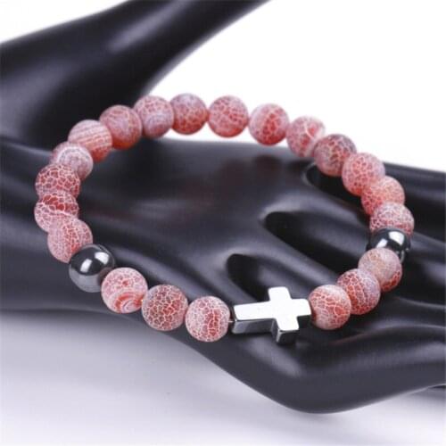 Trendy Cross Weathered Stone Rosary Bracelet Color Stone Beads Men Bracelets Bangles for Women Yoga Jewelry