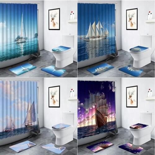 Nautical Sailboat Shower Curtain Boat Ocean Scenery Pattern Bathroom Decor Bath Mats Non-slip Foot Mat WC Carpet Toilet Rug Sets