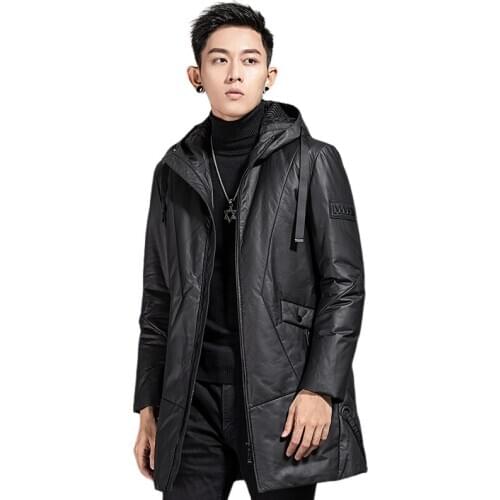 Genuine Cow Leather Clothes Mens Long Type Trench Winter Hooded Thickened First Layer Cowhide Down Jacket Coat