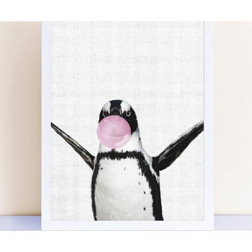 Penguin Animal Pink Bubble Gum Nursery Wall Art Canvas Poster Print Cute Animals Art Painting Picture Baby Room Wall Decoration