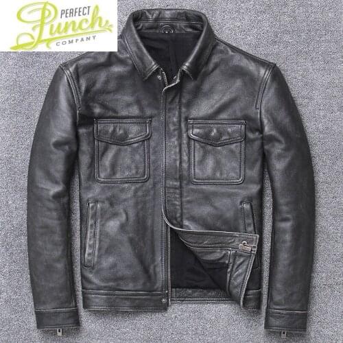 Real Genuine Cow Men Leather Coat Spring and Autumn Slim Short Casual Long Sleeve Jacket Popular 2021 U-1790