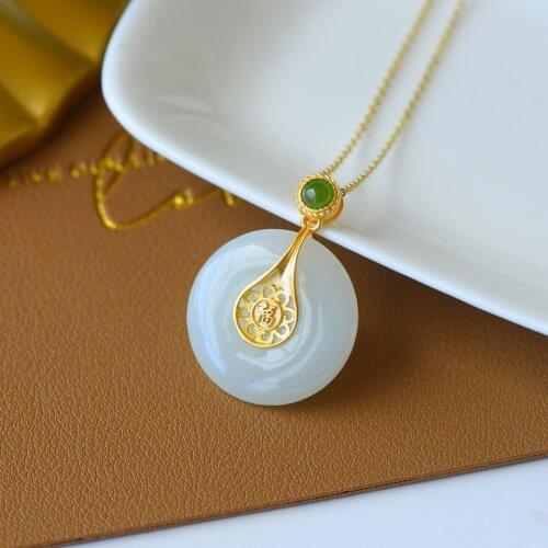 New silver inlaid natural Hetian white jade pulp Pendant Necklace Chinese style retro minority design charm womens jewelry