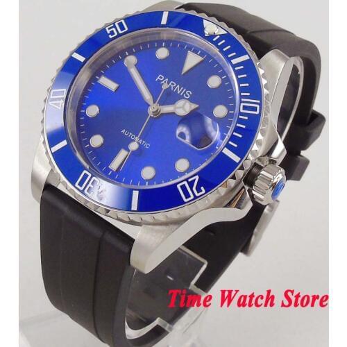 Parnis 40mm Miyota 8215 Automatic mens watch sapphire glass waterproof blue dial luminous blue ceramic bezel rubber strap 653