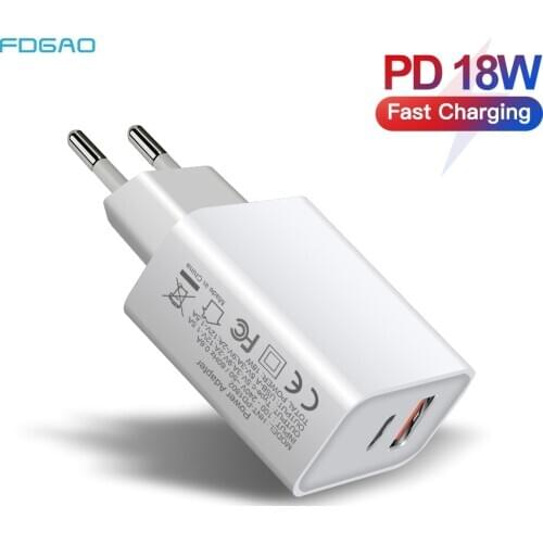 PD Charger 18W Dual Port USB Type C Quick Charge 3.0 Charger For iPhone 12 11 XS X Samsung S20 S10 QC 3.0 Phone Charger Adapter