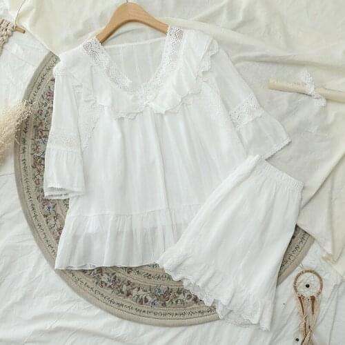 Fdfklak New Ruffled Pure Cotton White Princess Pajamas Set 2021 Summer Korean V-Neck Pyjamas Suit Female Sleep Loungewear