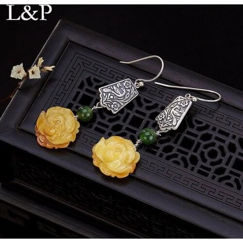 2019 New 925 Sterling Silver Retro Natural Amber&Beeswax Rose Flower Gemstone Drop Earrings Luxury Fine Jewelry For Christmas