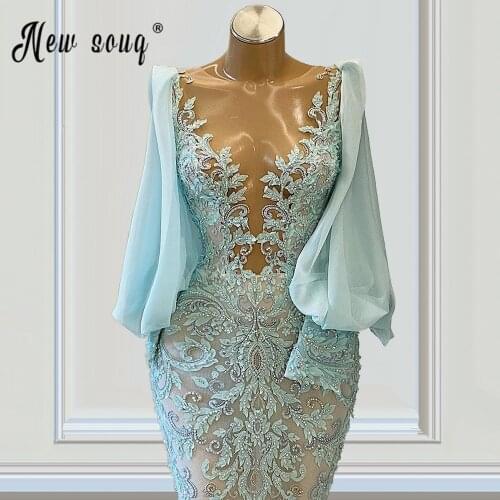 Scoop Sparkling Beaded Puff Sleeves Mermaid Evening Dresses Aso Ebi Lace Appliques Prom Dress Plus Size Formal Party Gowns