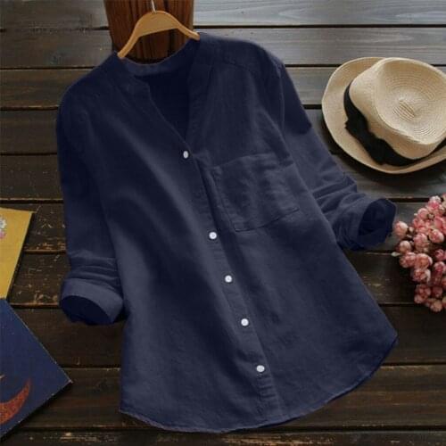 Women Cotton Linen Casual Solid Color Blouse Long Sleeve Fashion Women Blouse Button Down Tops Chemise Femme #G3