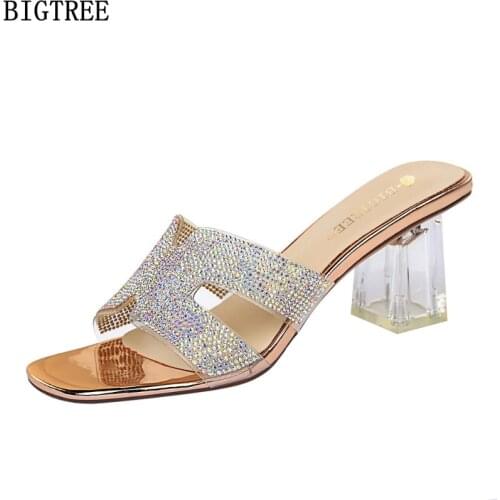 Ladies Slippers Crystal Woman Pumps Slippers Women Summer 2021 Square Toe Heels Woman Slippers High Heels Women Transparent