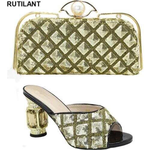 Ladies Italian Shoes and Bag Set Decorated with Rhinestone Ladies Sandals with Heels Italian Shoes with Matching Bags Slip-On