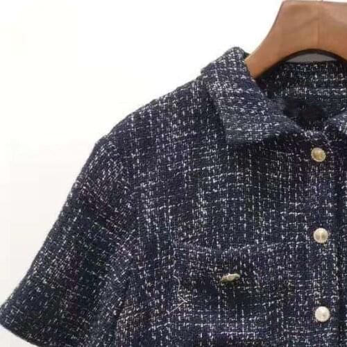 Womens Tweed Tassel Jacket Turn Down Collar Short Sleeve Tops with Pocket 2021 Autumn Female Fashion Short Coat with Buttons