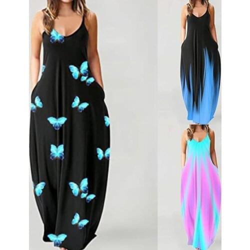 Women Summer Sleeveless Sexy Deep V-Neck Maxi Long Dress Boho Gradient Butterfly Print Spaghetti Strap Beach Camis Sundress with