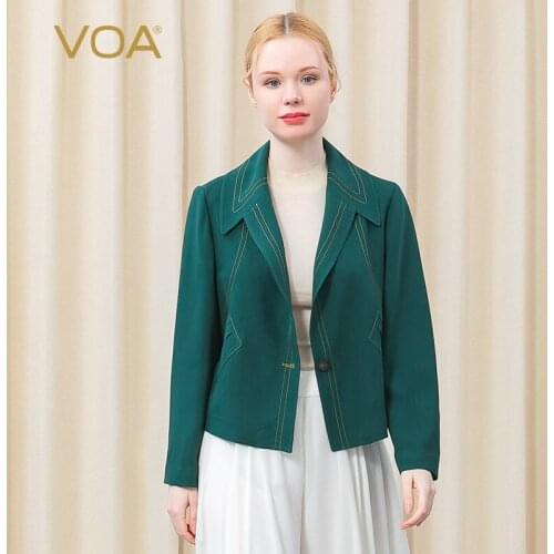 VOA 60m/m Heavy Sky Mulberry Silk Long Sleeve Coat Women Open Thread Decorated with A Button Dark Green OL Wind Suit Jacket WE87