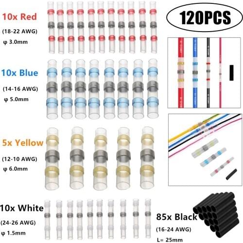 120PCS Insulated Solder Sleeve Heat Shrink Wire Butt Wire Connectors Waterproof Splice Terminals Heat Shrink Tube Assorted Kit