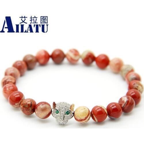 Ailatu New Arrival Men Jewelry 8mm Red Stone Beads Micro inserts Zircon Leopard Head Bracelet Animal Shape