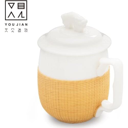 Bamboo silk button porcelain tea cup ceramic Kung Fu tea set meeting cup personal cup white porcelain office cup with cover