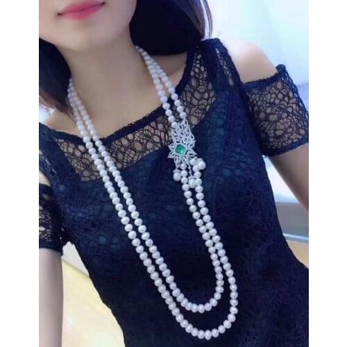 Free shipping 2row 8-9MM White pearl Jewelry zircon flower Hot sell necklace pendant 24-26inch