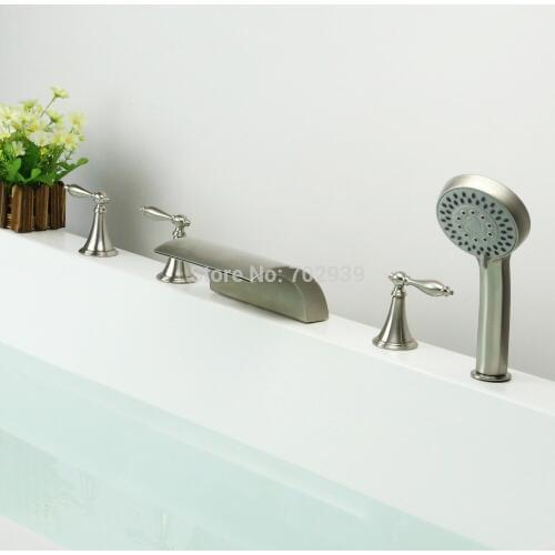 Free ship Contemporary Nickel Brushed Five Holes Three Handles Waterfall Bathtub Faucet with Hand Shower