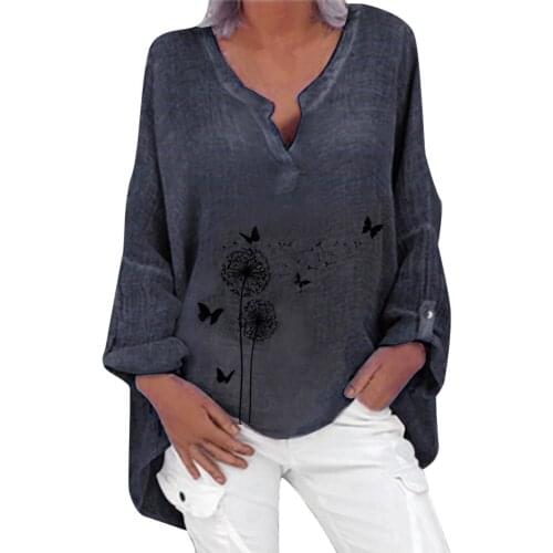 V-neck Plus Size Long Sleeve Floral Print Loose Blouses Women Casual Harajuku Fashion Shirt Oversize Leisure Autumn Spring Top