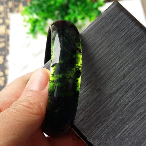Natural Chinese Black Ink Jade Hand Carved Wide Band Bracelet Fashion Jewelry Mens and Womens Black and Green Bracelets