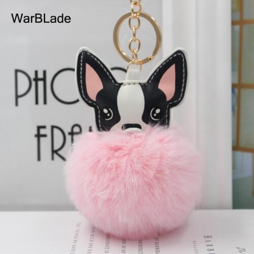 WarBLade Lovely Pompom French Bulldog Keychain Fluffy Rabbit Fur Ball Dog Key Chain Charm Leather Keyring Women Bag Car Key Ring