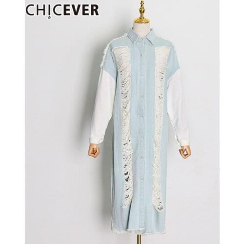 CHICEVER Frayed Denim Windbreakers For Women Lapel Long Sleeve Wide Waist Patchwork Oversized Streetwear 2021 Spring Clothes New